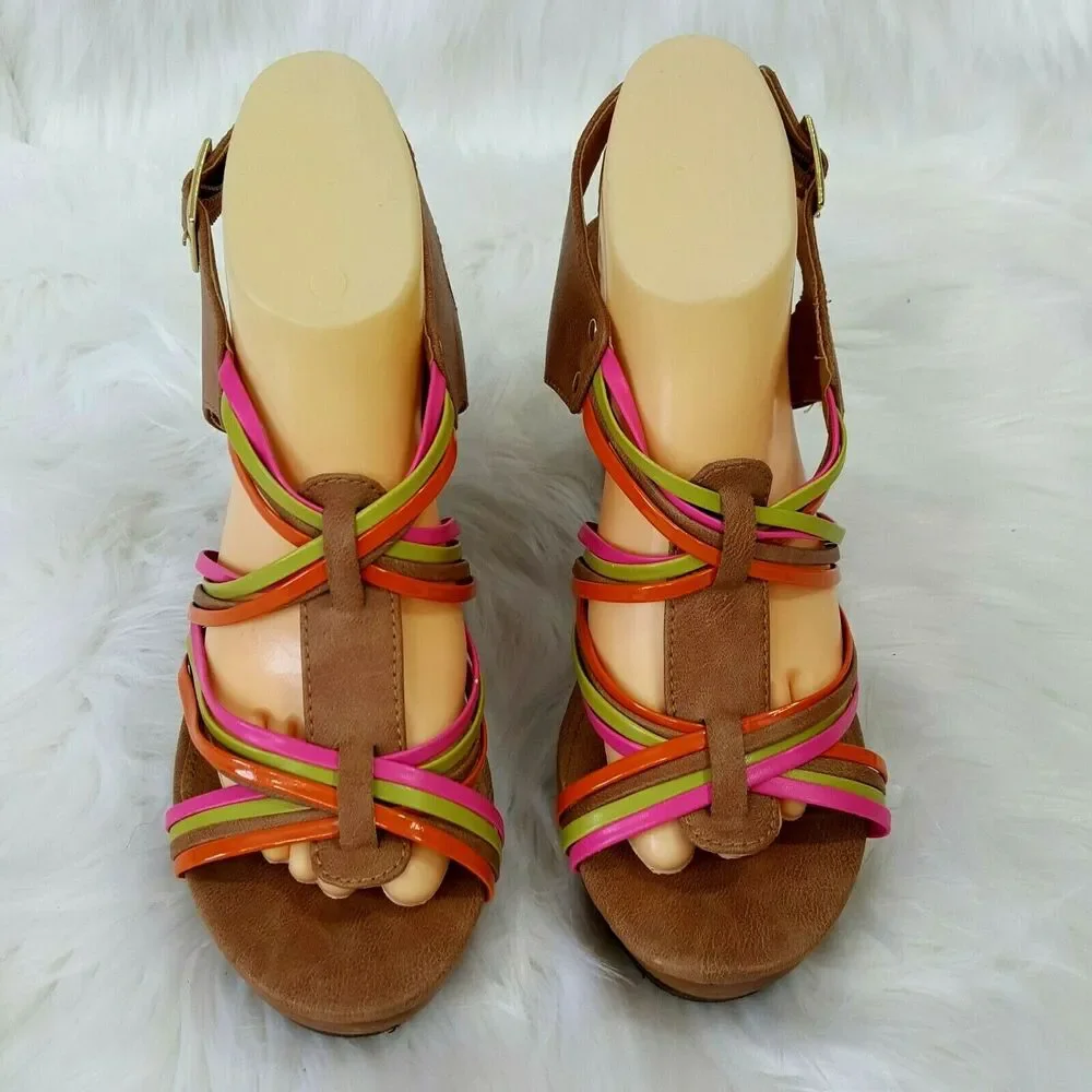 SM New York Wedge Sandal Womens Size 9.5 Divine Multicolor Tan Summer